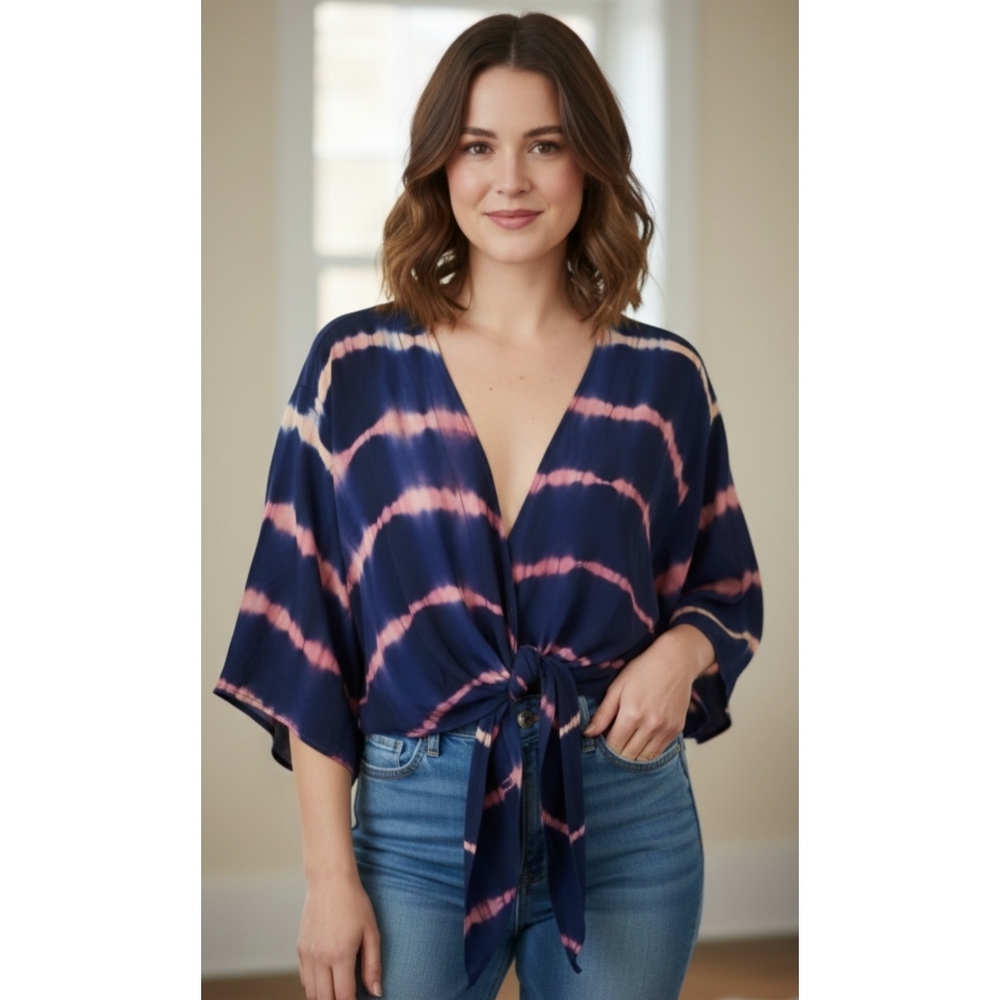 Fab'rik Woman's Tie Dye Blue & Pink Kimono Wrap Blouse Size Medium